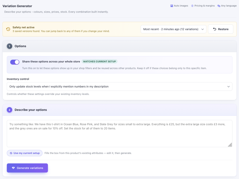 Single product AI variation generator tab interface preview