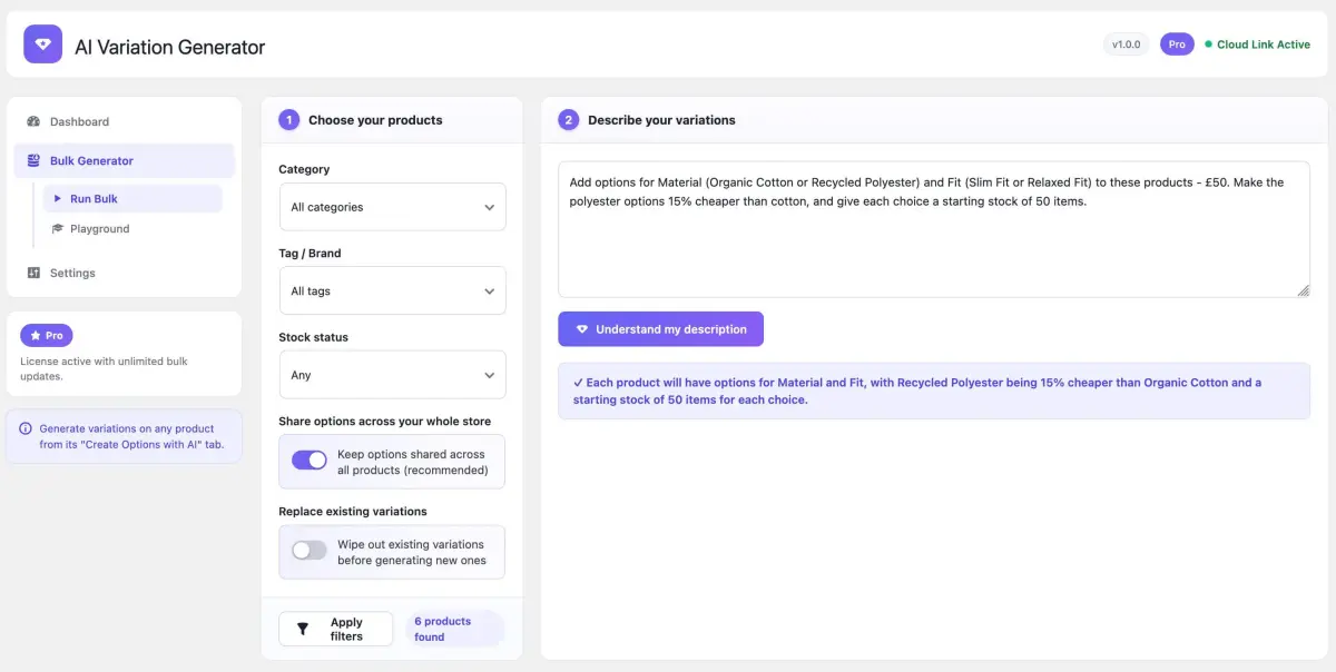 Pro version catalog wide bulk generator dashboard panel interface preview