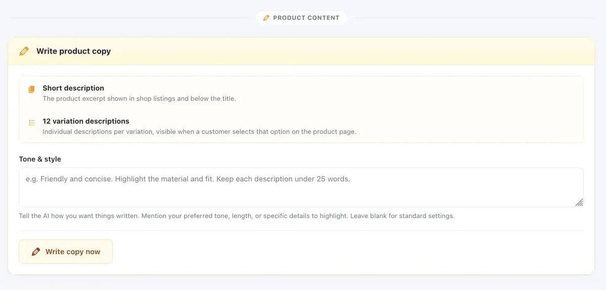 AI product copywriting description panel configuration interface preview