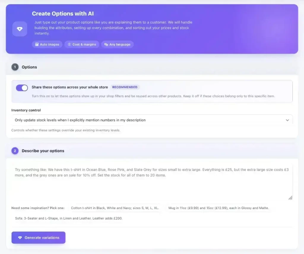 Single product AI variation generator tab interface preview